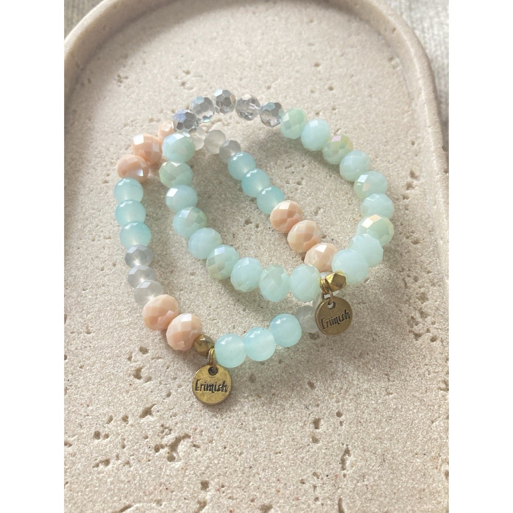 Erimish Pastel Beaded Stretch Bracelets Set of 2 Blue‎ Peach Gray Beads Romantic